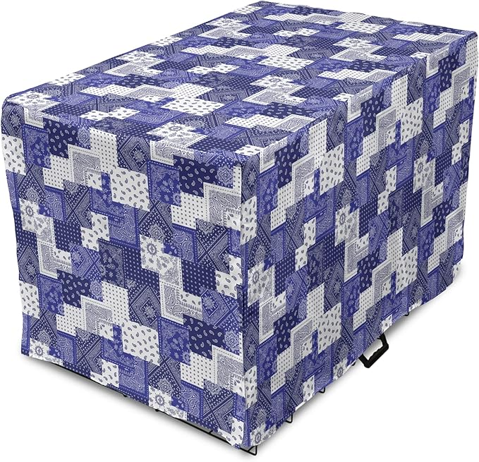Lunarable Geometric Dog Crate Cover, Eastern Inspirations Canonical Paisley and Floral Composition Squares, Easy to Use Pet Kennel Cover for Small Dogs Puppies Kittens, 22 Inch, Dark Blue Cobalt Blue