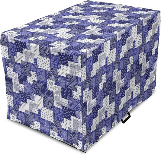 Lunarable Geometric Dog Crate Cover, Eastern Inspirations Canonical Paisley and Floral Composition Squares, Easy to Use Pet Kennel Cover for Small Dogs Puppies Kittens, 22 Inch, Dark Blue Cobalt Blue