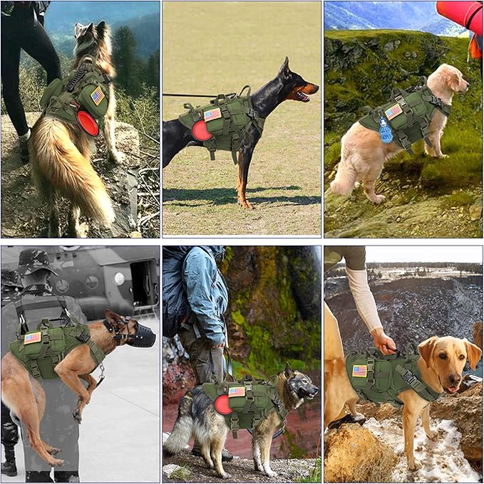 PET ARTIST Tactical Dog Harness for Hiking Training, No Pull Vest Harness for Medium Large Dogs, with Pouches and Patches Green, XL
