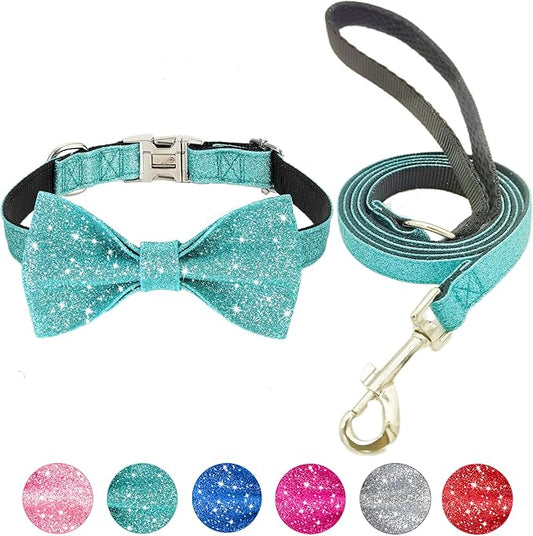 Bling Bow Tie Dog Collar and Leash Set, Cute Teal Boy Dog Collar with Bow and 5ft Leash for Medium Dogs Daily Walking or Christmas Holiday (Neck fit 13-19’’)