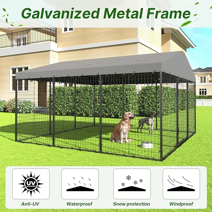 Kurapika Large Outdoor Dog Kennel, Heavy Duty Dog Cage with Waterproof Roof, Galvanized Steel Dog Fence with Double Secure Lock for Patio & Garden (118" L x 118" W x 70.9" H)