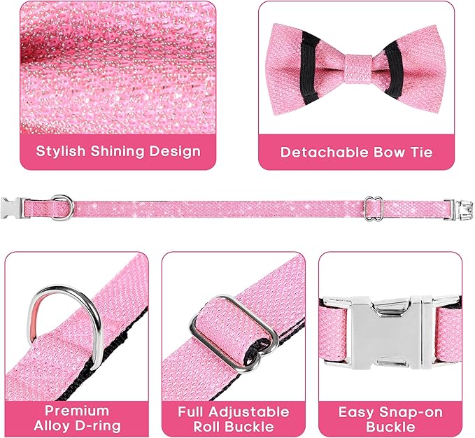 Dog Collar with Bow for Small Medium Large Dogs, Cute Bling Dog Bow Tie Collar with Metal Buckle, Soft & Durable for Puppy Dogs Walking (Light Pink, XS)