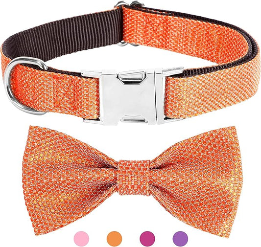 Dog Collar with Bow for Small Medium Large Dogs, Cute Bling Dog Bow Tie Collar with Metal Buckle, Soft & Durable for Medium Dogs Walking (Orange, M)