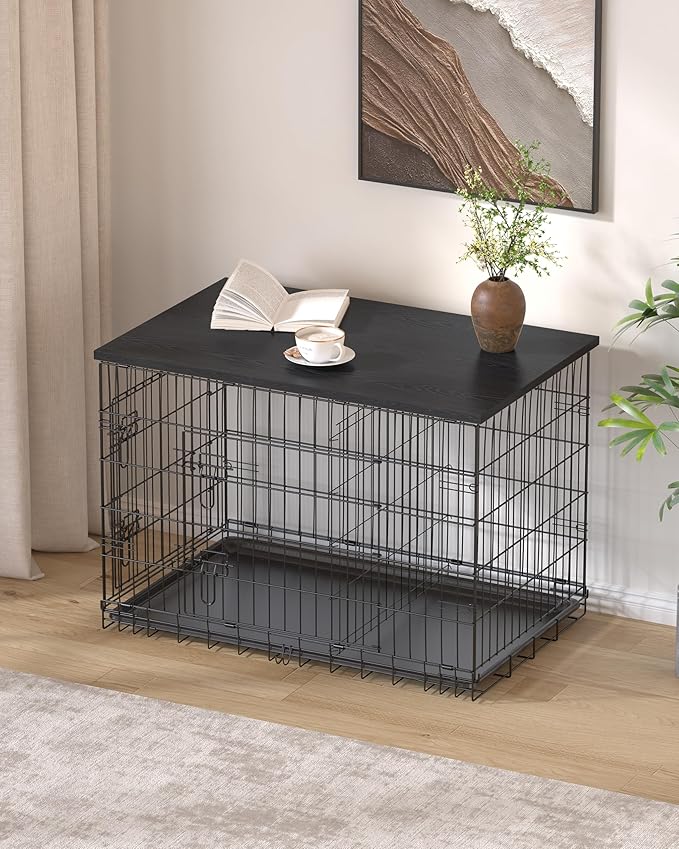 Piskyet Dog Crate Topper Wood Countertop for 48 42 36 30 24 inch Dog Cage, Dog Crate Cover,Dog Kennel Topper(Crate Not Include) (Black, for 24 Inch Crate)