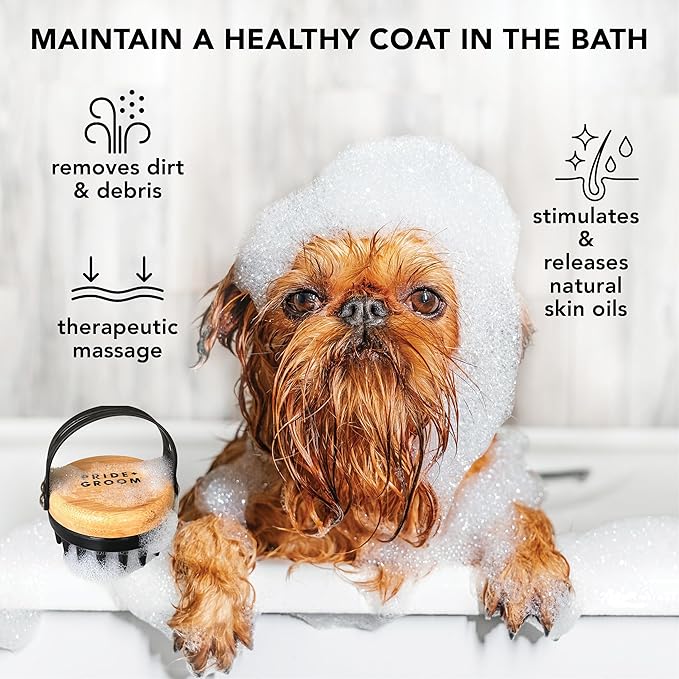 Pride and Groom Bath Brush – Dog Brush with Silicone Teeth & Bamboo Base to Release Debris & Undercoat, Stimulate Natural Skin Oils, Detangle, & Massage in and out of Tub for Healthy Coat