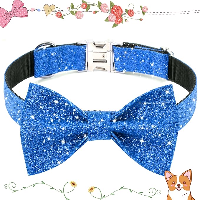 Blue Boy Dog Collar with Bow, Bling Male Bowtie Dog Collar for Puppy Small Dogs and Cats, Cute Dog Collar for Daily Walking or Holiday Party (Neck fit 9-12’’)