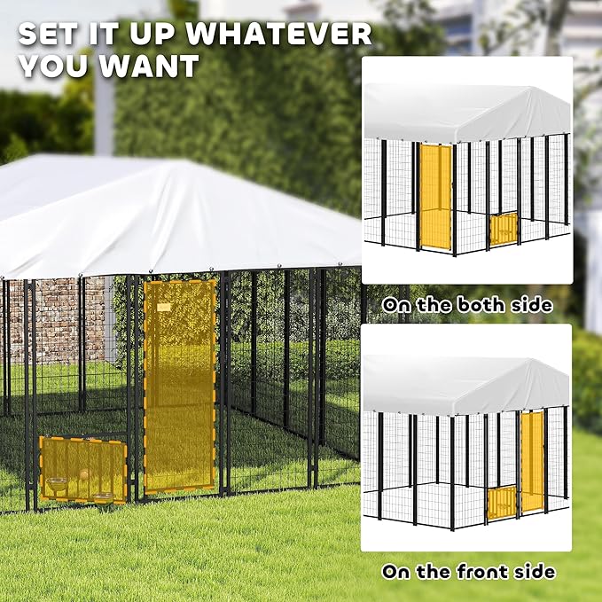 PawHut 9.8' x 9.8' x 6.8' Outdoor Dog Kennel, Welded Wire Heavy Duty Dog Run with 360° Rotating & 4 Level Adjustable Bowls, Dog Kennel Outside with Waterproof & UV Resistant Cover, for S&M&L Dogs