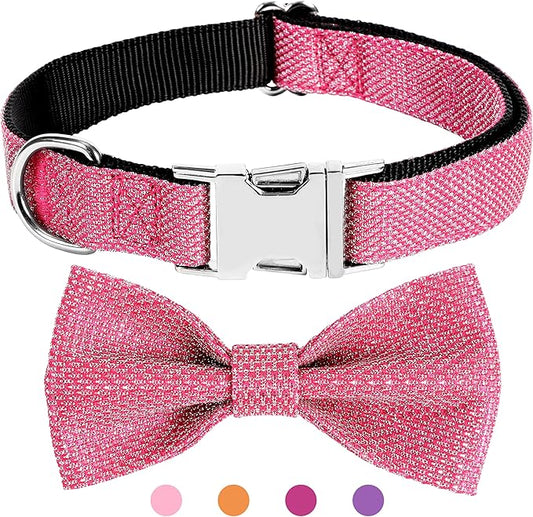 Dog Collar with Bow for Small Medium Large Dogs, Cute Bling Dog Bow Tie Collar with Metal Buckle, Soft & Durable for Small Dogs Walking (Dark Pink, S)