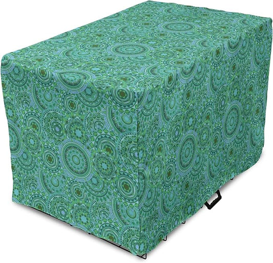 Lunarable Emerald Dog Crate Cover, Mandala Pattern with Soft Color Pattern Complex Motif Eastern Geometric Style, Easy to Use Pet Kennel Cover for Small Dogs Puppies Kittens, 22 Inch, Green Blue