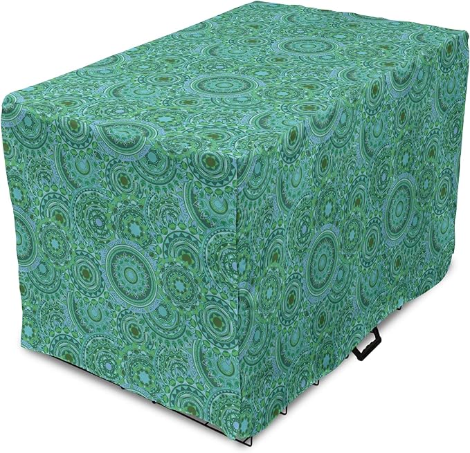 Lunarable Emerald Dog Crate Cover, Mandala Pattern with Soft Color Pattern Complex Motif Eastern Geometric Style, Easy to Use Pet Kennel Cover for Medium Large Dogs, 42 Inch, Green Blue