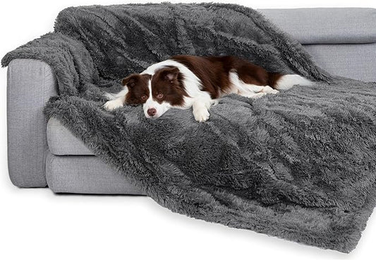 gogobunny Waterproof Plush Long Faux Fur Pet Throw Blanket Ultra Soft Fluffy Bed Couch Cover Washable - Premium Flannel Calming Blankets for Dog Puppy Cat (50x60 Inch (Pack of 1), Grey)