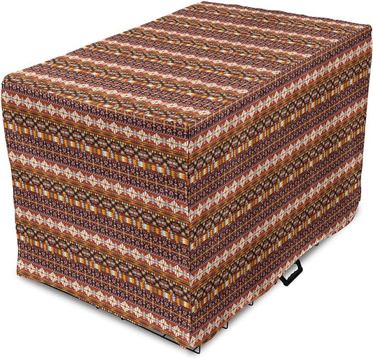 Lunarable Aztec Dog Crate Cover, Ornate Rich Motifs in Autumn Colors Geometric and Floral Design Old Tribal, Easy to Use Pet Kennel Cover for Cats & Medium Dogs, 24 Inch, Orange Yellow Blue
