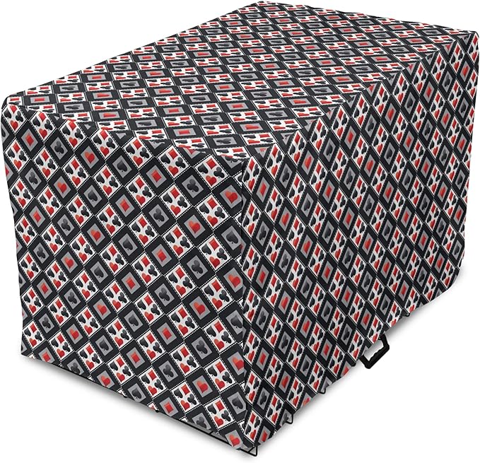 Lunarable Casino Dog Crate Cover, with Geometrical Design and Mosaic Composition Gamblers Club, Easy to Use Pet Kennel Cover for Medium Large Dogs, 36 Inch, Black Red Grey
