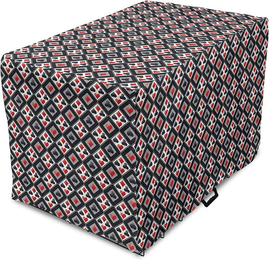 Lunarable Casino Dog Crate Cover, with Geometrical Design and Mosaic Composition Gamblers Club, Easy to Use Pet Kennel Cover for Medium Large Dogs, 48 Inch, Black Red Grey
