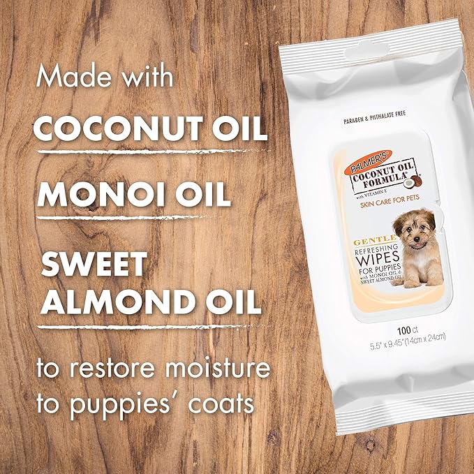 Palmer's for Pets Coconut Oil Gentle Refreshing Wipes for Puppies | Palmers Coconut Oil Puppy Wipes - 100 ct Gentle Pet Grooming Wipes for Dogs with Coconut Oil