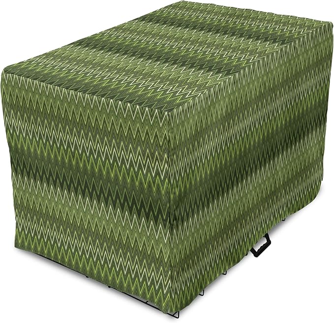 Lunarable Green Dog Crate Cover, Wavy Patterns with Triangular Shapes Abstract Zig Zag Motifs, Easy to Use Pet Kennel Cover for Cats & Medium Dogs, 24 Inch, Evergreen Olive Green