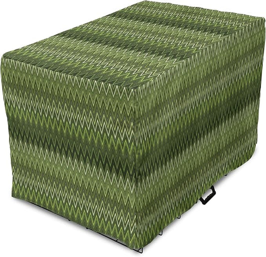 Lunarable Green Dog Crate Cover, Wavy Patterns with Triangular Shapes Abstract Zig Zag Motifs, Easy to Use Pet Kennel Cover for Cats & Medium Dogs, 30 Inch, Evergreen Olive Green