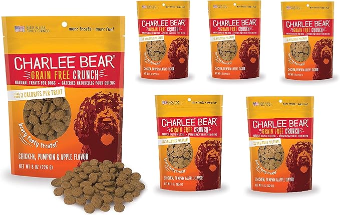 Charlee Bear Dog Treats Small Dogs Training Treats, Crunchy Low Calorie Grain Free Dog Treats, USA Made, Best for Small-Medium Breeds, Puppy Training Treats, Chicken, Pumpkin & Apple, 6 Pack, 8oz Each
