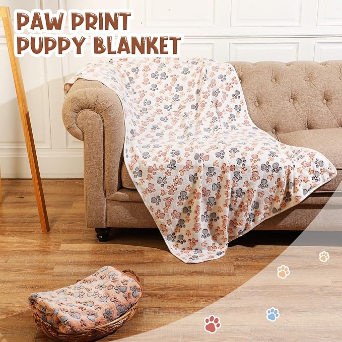 Tatuo 4 Pcs Dog Blanket Pet Puppy Blanket Puppy Teething Toys Paw Print Fleece Blanket for Pet Cat Soft Warm Sleep Mat Guinea Pig Cage Blanket(XXX-Large(51 x 63 Inch),White, Coffee, Pink, Purple)