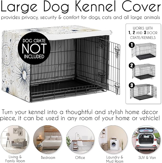 Sweet Jojo Designs Navy Blue Star and Moon Dog Crate Cover – Kennel Covers for 48 Inch Pet Cage Large - Gold Grey Celestial Sky Stars Gray Shabby Chic