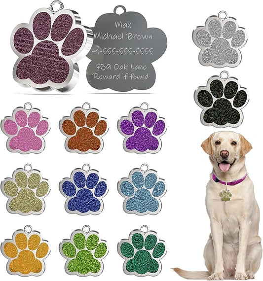 Dog Tags Personalized for Pets Glitter Paw Print Stainless Steel Dog Tag Cute Dog Name Tag Bulk Dog Tags for Wholesale (24 Pieces)