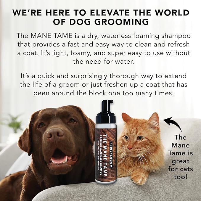 Pride and Groom The Mane Tame Waterless Dog Shampoo – Foaming Dry Shampoo for Dogs and Cats Made in USA for a Rinse Free Cleanse and to Eliminate Odor in Between Baths On-The-Go – 7.1 fl oz