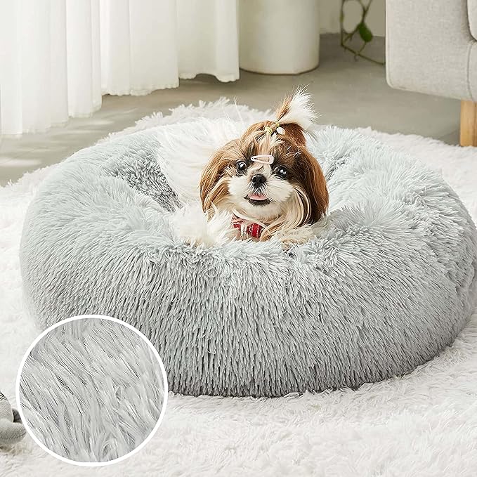 【2021 Upgraded】 Western Home Round Dog Bed for Small Dogs, Calming Donut Cuddler Pet Bed,Fluffy Plush Faux Fur Cat Bed(24", Grey)