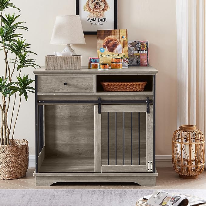 Dog Crate Furniture, Dog Crate Table with Sliding Barn Door, 35" Dog Kennel Furniture Heavy Duty Wood Crates for Small/Medium/Large Dogs Kennel Indoor Grey One Size