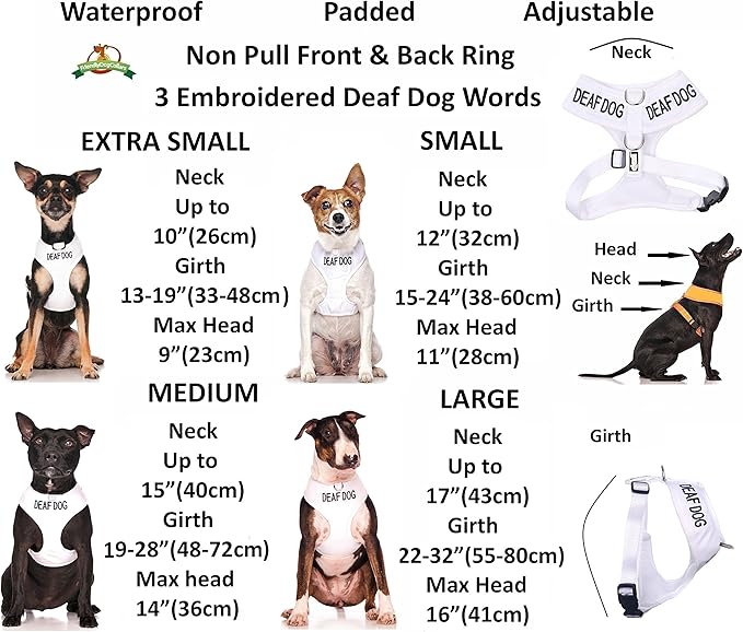 Deaf Dog (Dog Has Limited/No Hearing) White Colour Coded Non-Pull Front and Back D Ring Padded and Waterproof Vest Dog Harness Prevents Accidents by Warning Others of Your Dog in Advance (L)