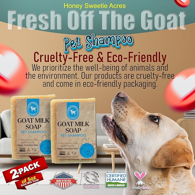 Honey Sweetie Acres 2-Pack All-Natural Pet Shampoo Bar with Fresh Goat Milk - Moisturizing Relief for Dry, Itchy Skin - Leaves A Fresh, Clean Scent - Eliminate Dirty Pet Odor, 5 oz Bar (2 Count)