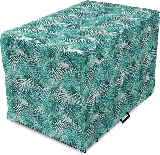 Lunarable Leaf Dog Crate Cover, Fresh Tropical Exotic Island Palm Tree Leaves in Jungle Abstract Watercolor, Easy to Use Pet Kennel Cover for Small Dogs Puppies Kittens, 18 Inch, Pale Blue and Green