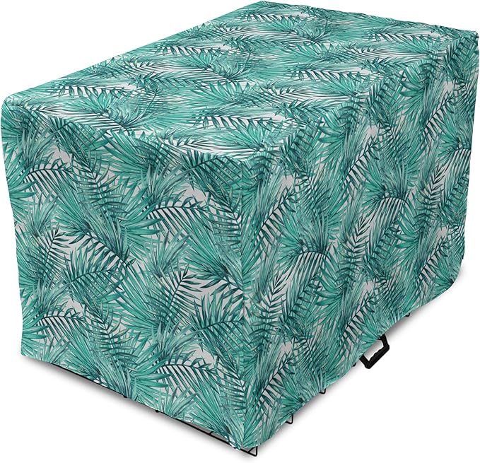 Lunarable Leaf Dog Crate Cover, Fresh Tropical Exotic Island Palm Tree Leaves in Jungle Abstract Watercolor, Easy to Use Pet Kennel Cover for Cats & Medium Dogs, 30 Inch, Pale Blue and Green
