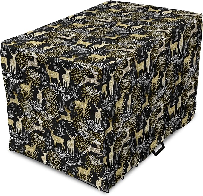 Ambesonne Christmas Dog Crate Cover, Nature Woodland and Deer Silhouettes with Oriental Ornaments Design, Easy to Use Pet Kennel Cover for Cats & Medium Dogs, 24 Inch, Yellow White Black