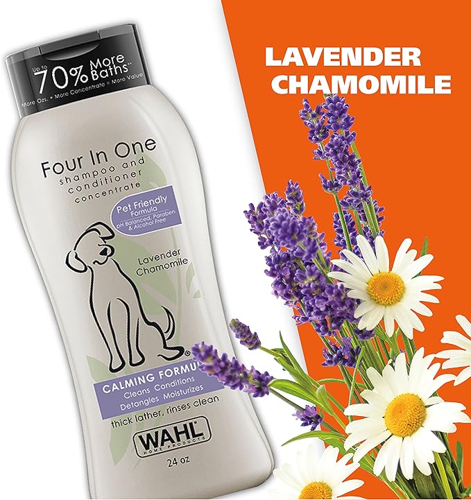 Wahl USA 4-in-1 Calming Pet Shampoo for Dogs – Cleans, Conditions, Detangles, & Moisturizes with Lavender Chamomile - Pet Friendly Formula - 24 Oz - Model 820000A