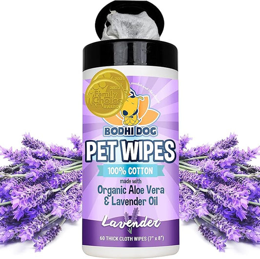 Bodhi Dog Pet Wipes - Grooming, Cleaning and Deodorizing Wipes for Dogs & Cats - No Parabens or SLS - Large, Thick, Wet Wipes - Wipe Away Pet Odors & Refreshes Coat - Lavender Scent (60 Count)