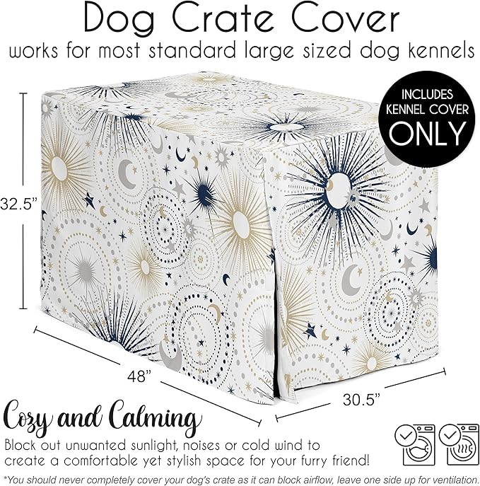 Sweet Jojo Designs 48in. Large Dog Crate Cover (Boho Star and Moon) Pet Cage, Kennel Covers (Shabby Chic, Bohemian, Celestial, Sky, Stars & Moons, Starburst, Cosmic, Mystical, Navy Blue & Gold, Grey)