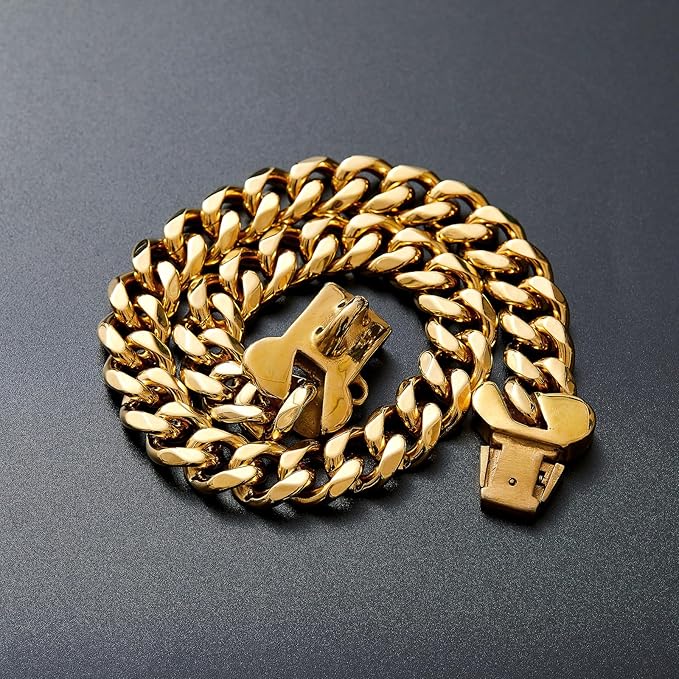 15mm Wide Strong Stainless Steel Bone Style Buckle Gold Dog Chain Collar,18K Gold Plated Cuban Link Chain Dog Necklace Collar for Medium Large Dogs - 22''