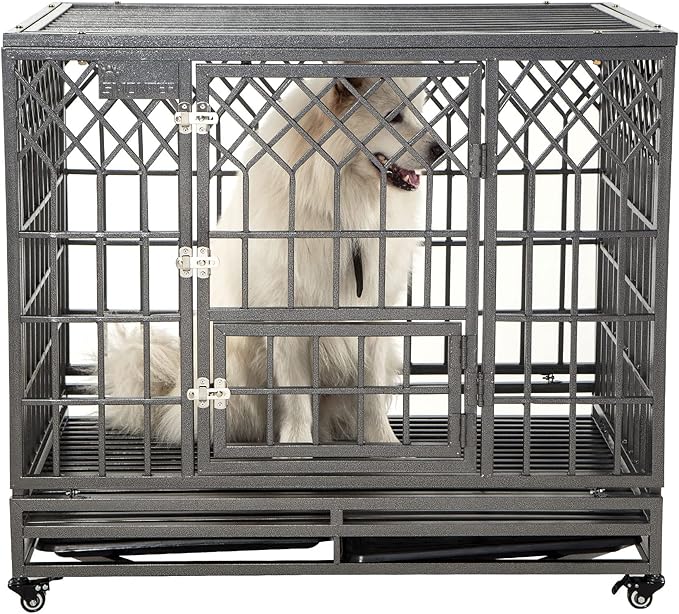 SMONTER Heavy Duty Dog Cage for Large Dog Strong Metal Kennel and Crate Pet Playpen with Three Doors, Four Wheels,42 Inch,Y Shape,Silver … … …