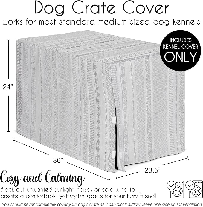 Sweet Jojo Designs 36in. Medium Dog Crate Cover (Grey Boho Tribal) Pet Cage, Kennel Covers (Bohemian, Jacquard, Aztec, Modern, Geometric, Stripes, Textured, Striped, Off White, Gray and Ivory)