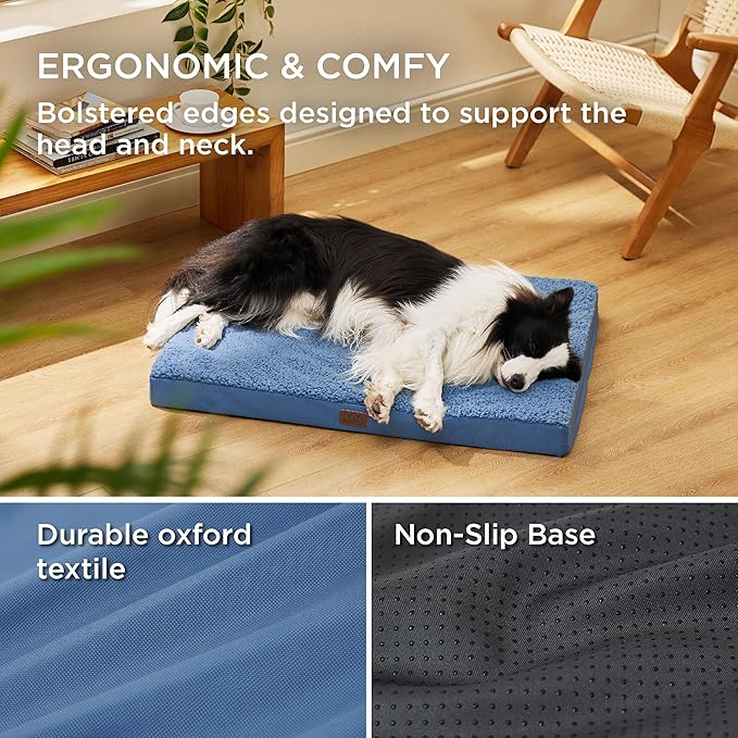 Bedsure Large Dog Bed for Large Dogs – Orthopedic Waterproof Dog Beds with Removable Washable Cover, Egg Foam Pet Bed Mat, Blue Wave
