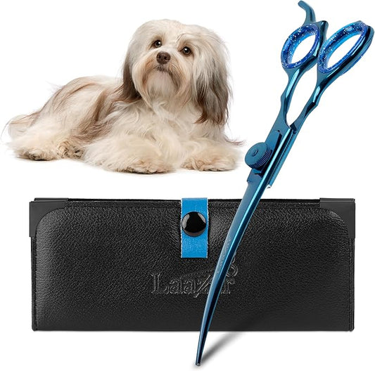 Laazar Dog Grooming Scissors - 7.5 Inch Curved Grooming Scissors for Dogs, 440C Stainless Steel Pet Grooming Scissors with Finger Rest & Case, Dog Shears for Grooming, Cat Grooming Supplies