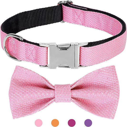Dog Collar with Bow for Small Medium Large Dogs, Cute Bling Dog Bow Tie Collar with Metal Buckle, Soft & Durable for Puppy Dogs Walking (Light Pink, XS)