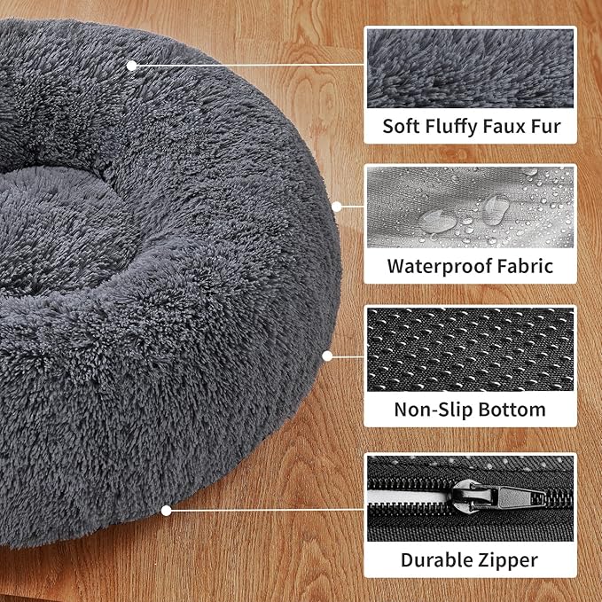 OhGeni Calming Donut Cat Beds For Indoor Cats, Machine Washable Plush Warming Bed For Kitten & Puppy, Anti-Slip Round Cuddle Comfort Pet Bed, Cozy Fluffy Fur Bed for Small Cats & Dogs, Gray, 20 inches