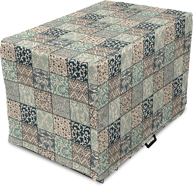 Lunarable Geometric Dog Crate Cover, Antique Mosaic with Victorian Garden Motifs Damask and Scroll Flower, Easy to Use Pet Kennel Cover for Cats & Medium Dogs, 24 Inch, Seafoam Brown Dark Blue