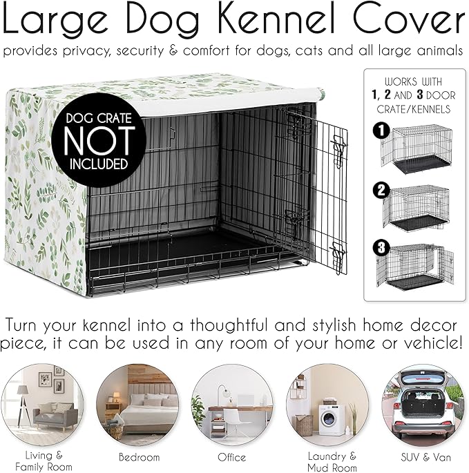 Sweet Jojo Designs Green Boho Floral Leaf Dog Crate Cover – Kennel Covers for 42 Inch Pet Cage Medium/Large - Neutral Sage White Bohemian Watercolor Botanical Flower Woodland Tropical Garden Nature