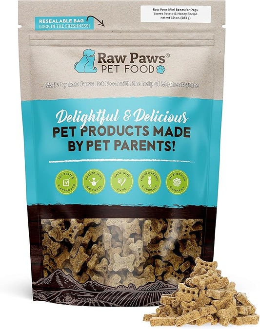 Raw Paws Mini Bones for Dogs - Sweet Potato & Honey Recipe, 10-oz - Made in USA Mini Dog Biscuits, Small Training Treats for Dogs - Wheat, Corn, Soy Free Crunchy Dog Treats, Mini Bones for Dogs