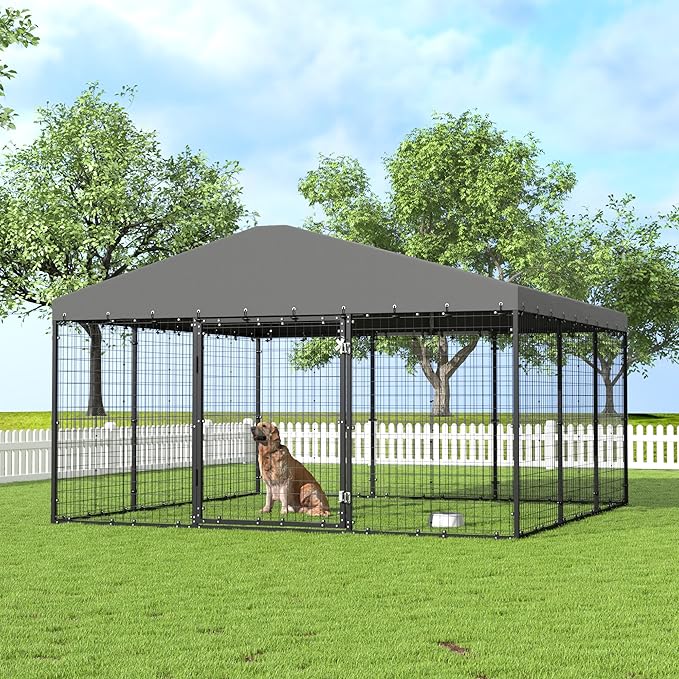 Kurapika Large Outdoor Dog Kennel, Heavy Duty Dog Cage with Waterproof Roof, Galvanized Steel Dog Fence with Double Secure Lock for Patio & Garden (118" L x 118" W x 70.9" H)