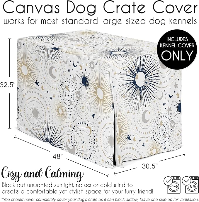 Sweet Jojo Designs Navy Blue Star and Moon Dog Crate Cover – Kennel Covers for 48 Inch Pet Cage Large - Gold Grey Celestial Sky Stars Gray Shabby Chic