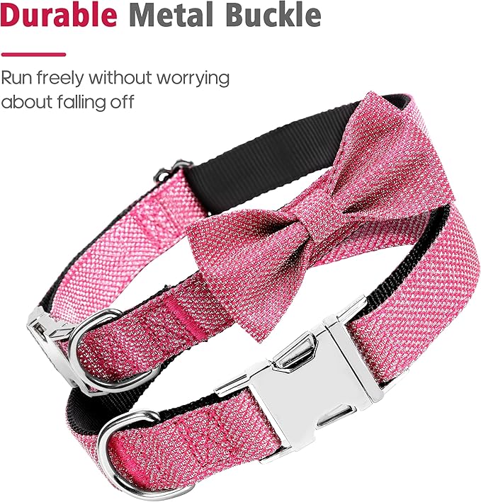 Dog Collar with Bow for Small Medium Large Dogs, Cute Bling Dog Bow Tie Collar with Metal Buckle, Soft & Durable for Puppy Dogs Walking (Dark Pink, XS)