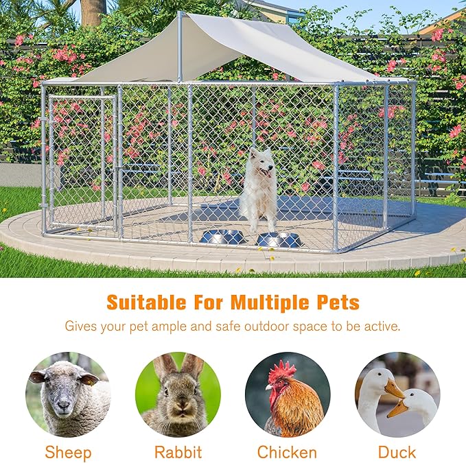 Large Outdoor Dog Kennel, Heavy Duty Galvanized Steel Dog Enclosure, Chicken Coop with Waterproof UV-Resistant Cover, Lockable Door Chain Link for Small & Large Pets, Backyard (90" L x 90" W x 65" H)